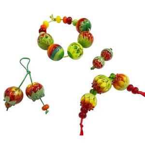 Handmade Lampwork Red Green Yellow Flower Petal Layered Glass Matching Bead Set
